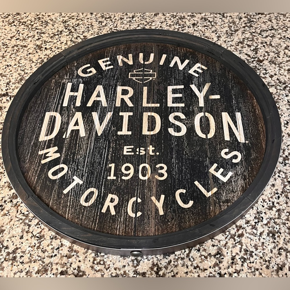 Harley-Davidson Est 1903 Round Wood Barrel Distressed Wall Sign W/Metal Reverts